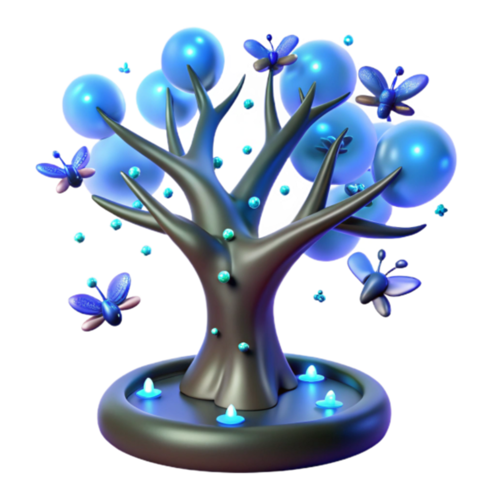 Enchanted 3D Tree Illustration with Glowing Bubbles and Dragonflies png