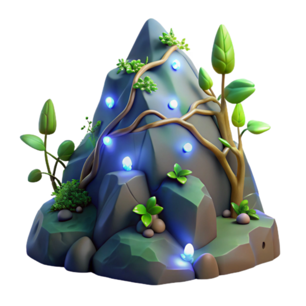 Enchanted 3D Rock Formation with Glowing Crystals and Lush Greenery png