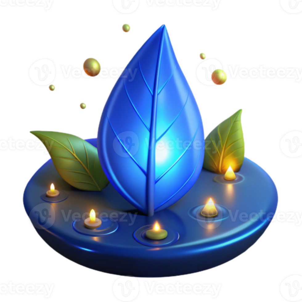Serene 3D Render of Blue Leaf with Candles and Floating Elements png