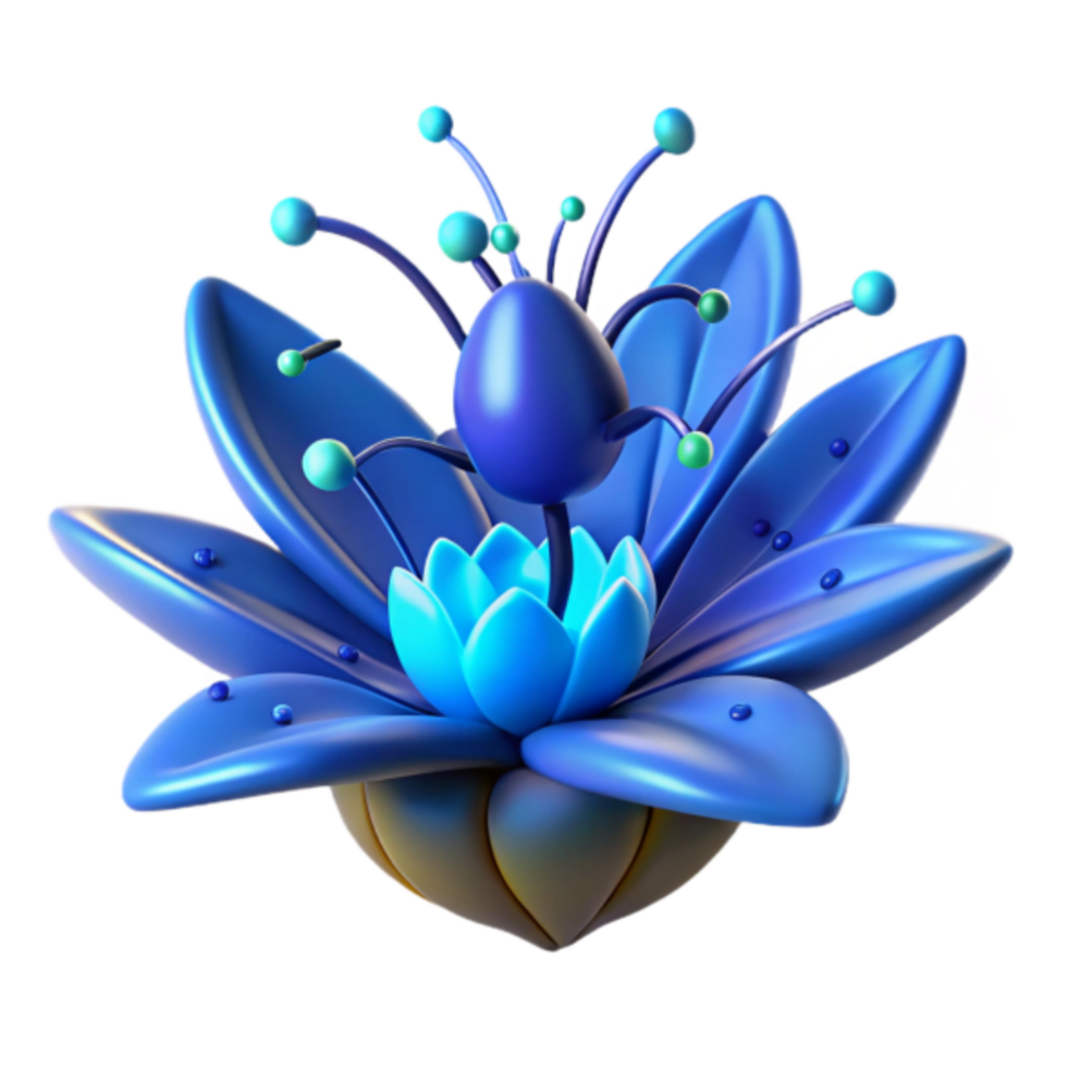 3D Render Blue Fantasy Flower Illustration, Vibrant Petals, Abstract Floral Design, Digital Art, Blue and Gold Hues, Shiny Glossy Texture, Unique Botanical Artwork png