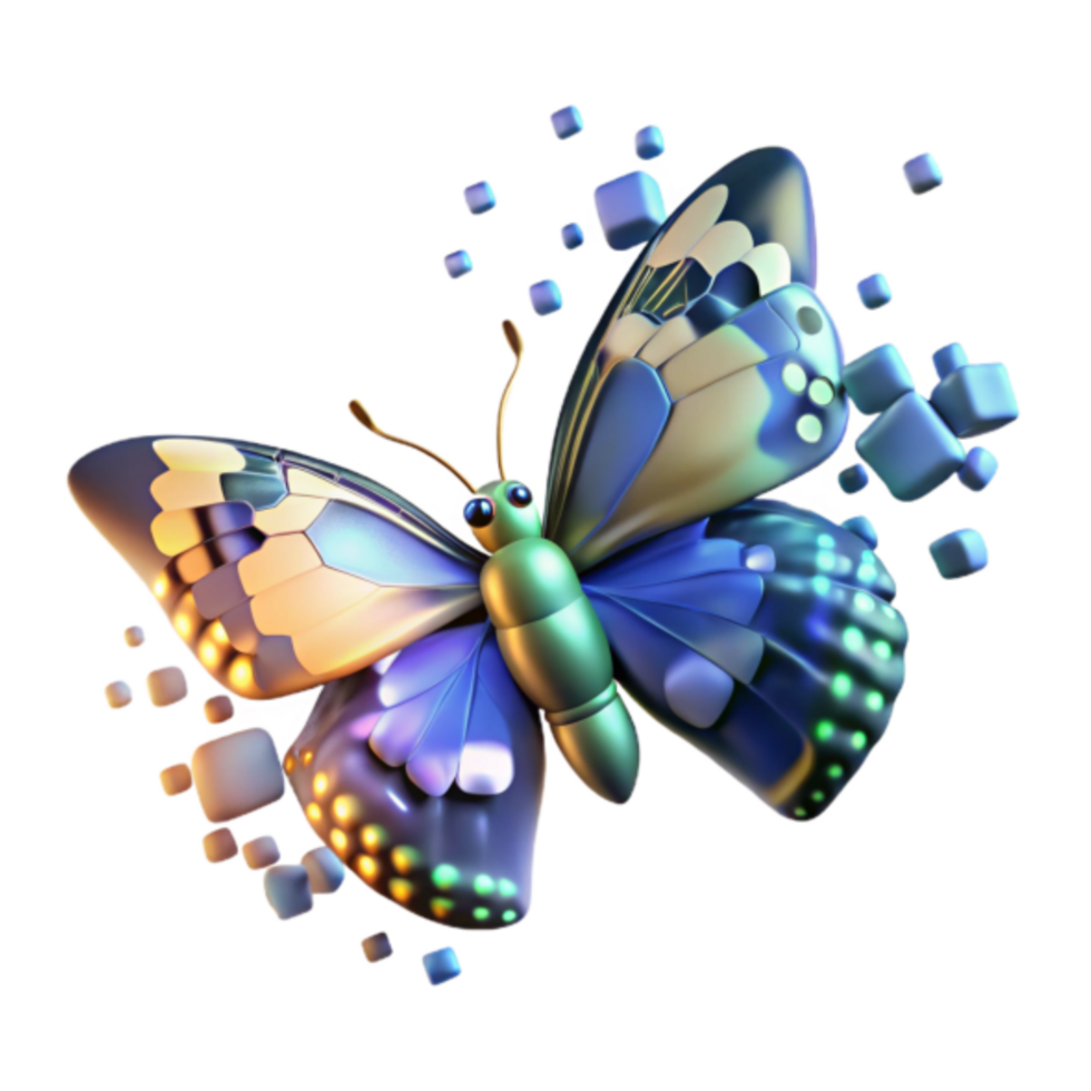 Vibrant 3D Butterfly Illustration with Pixelated Background png
