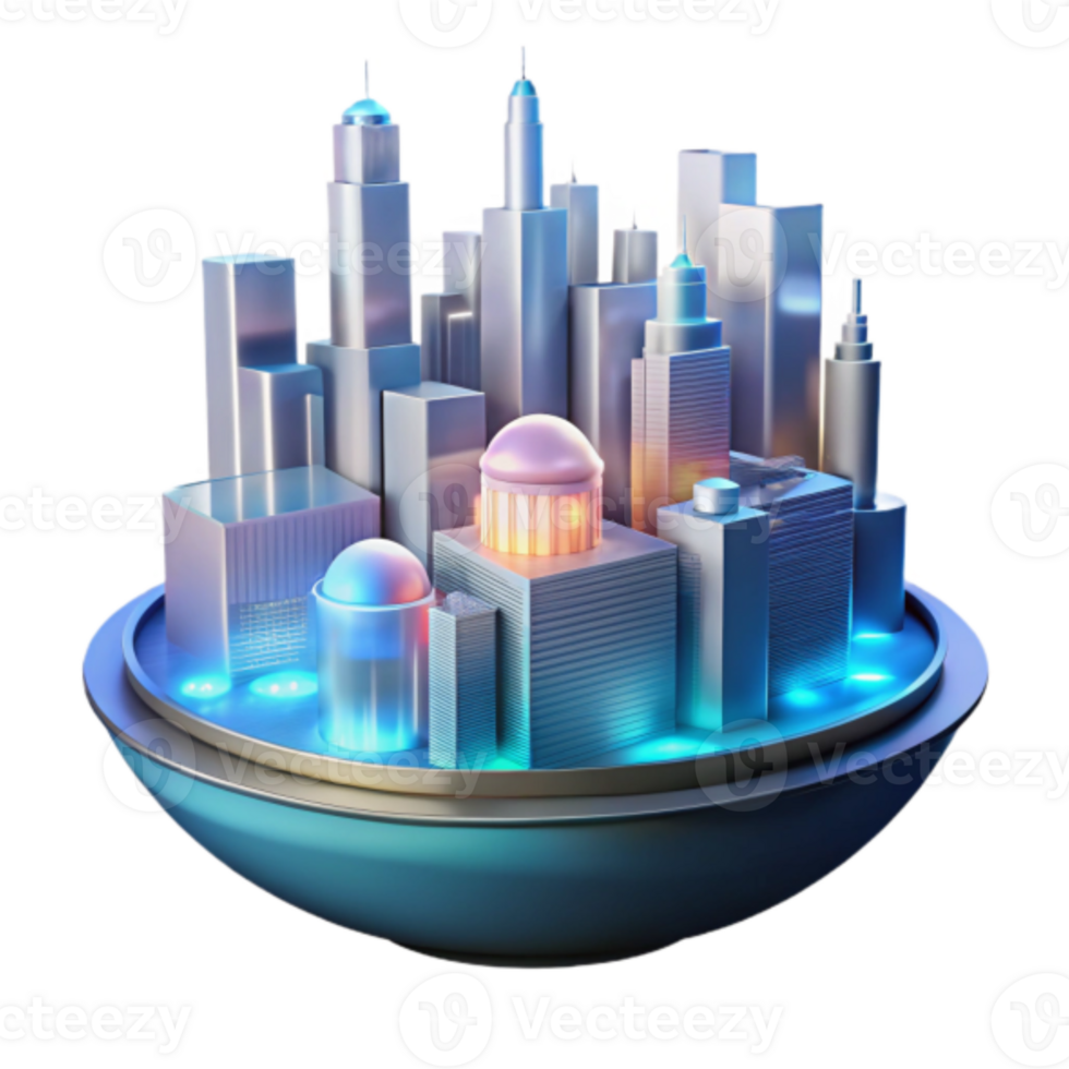 Futuristic Cityscape 3D Illustration Modern Urban Architecture, Illuminated Buildings, and Glowing Metropolis png