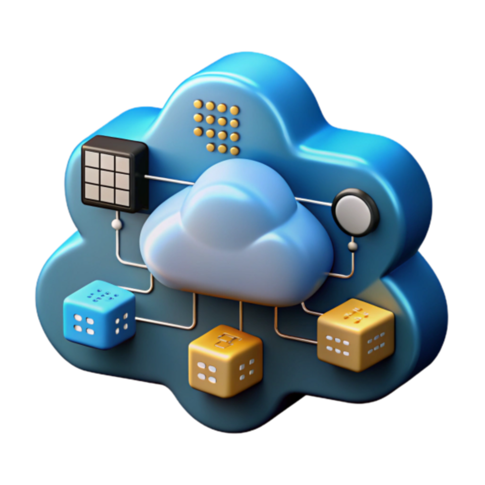 3D Illustration of Cloud Computing Network with Dice and Grid png