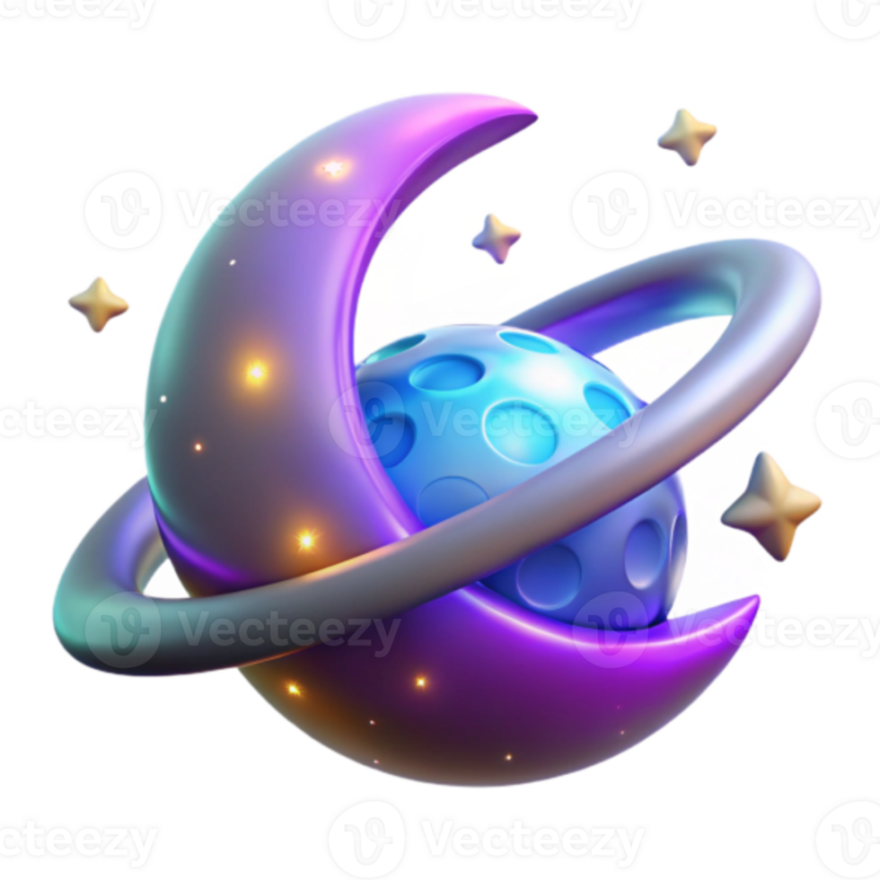 3D Celestial Moon Planet Rings Cosmic Fantasy Illustration png