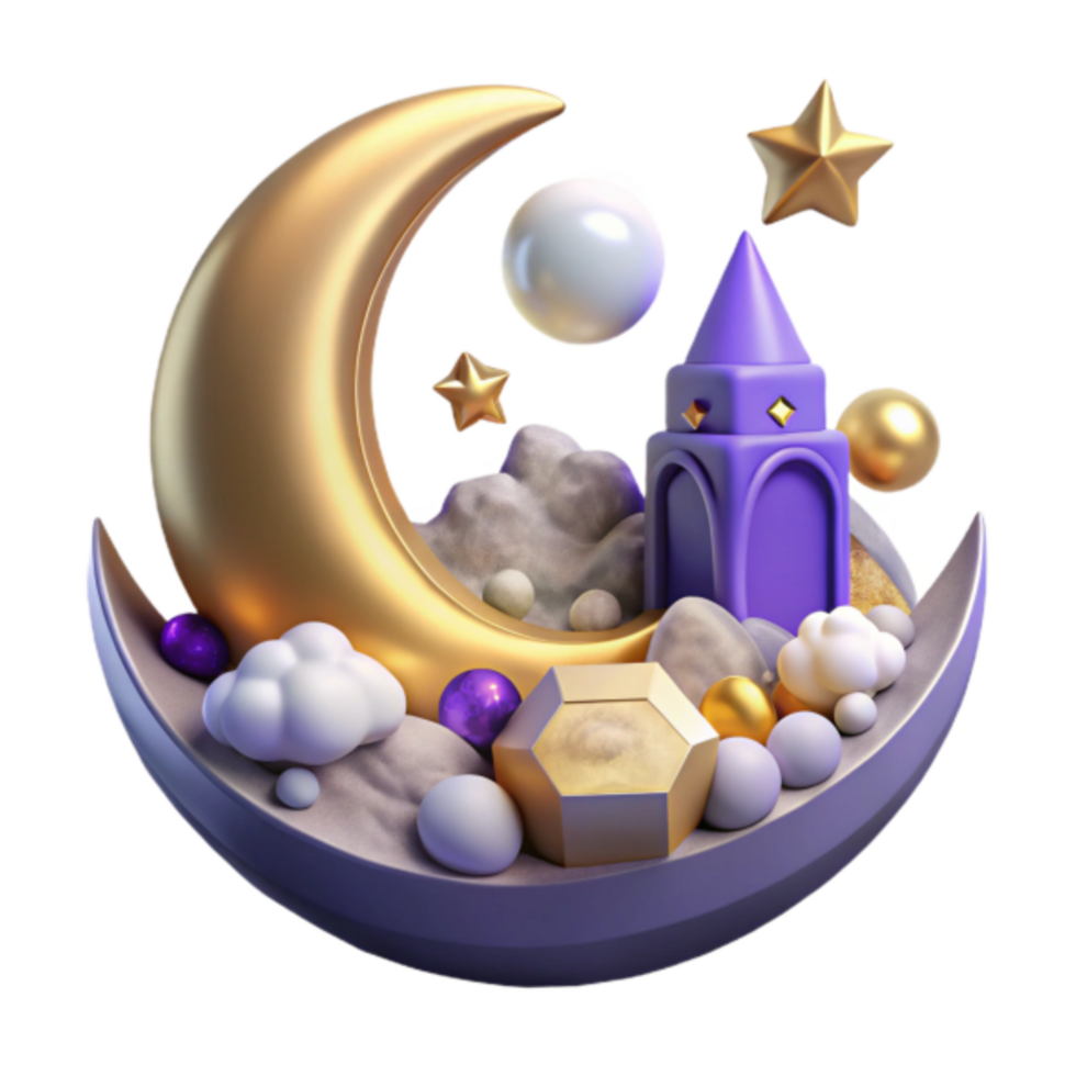 3D Golden Crescent Moon Night Scene Illustration with Stars, Clouds, and Geometric Shapes png