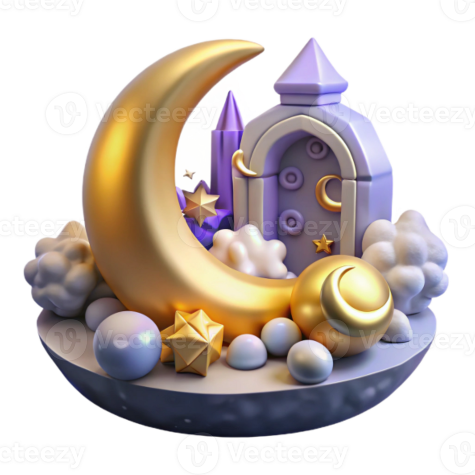 Enchanted Crescent Moon 3D Render Illustration A Magical Night Scene with Stars, Clouds, and Mystical Gateway png