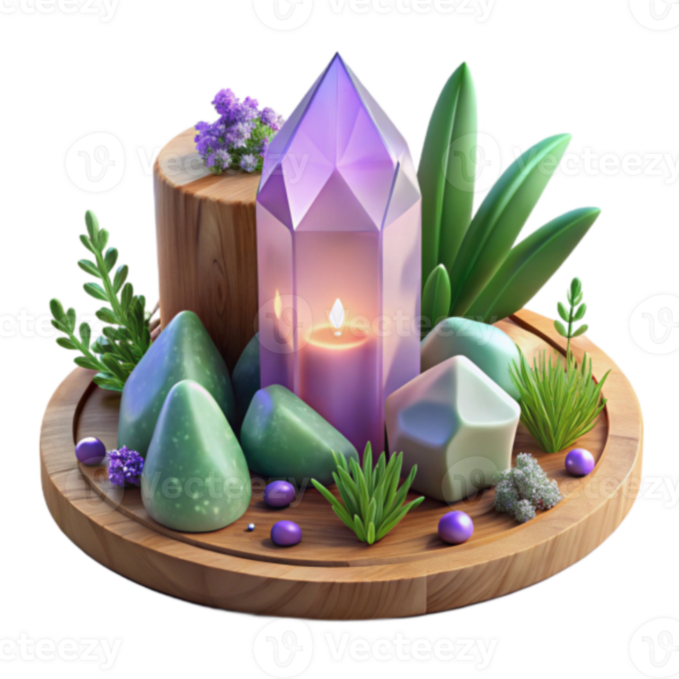 Serene 3D Render of a Crystal Candle Arrangement with Green Stones and Plants png