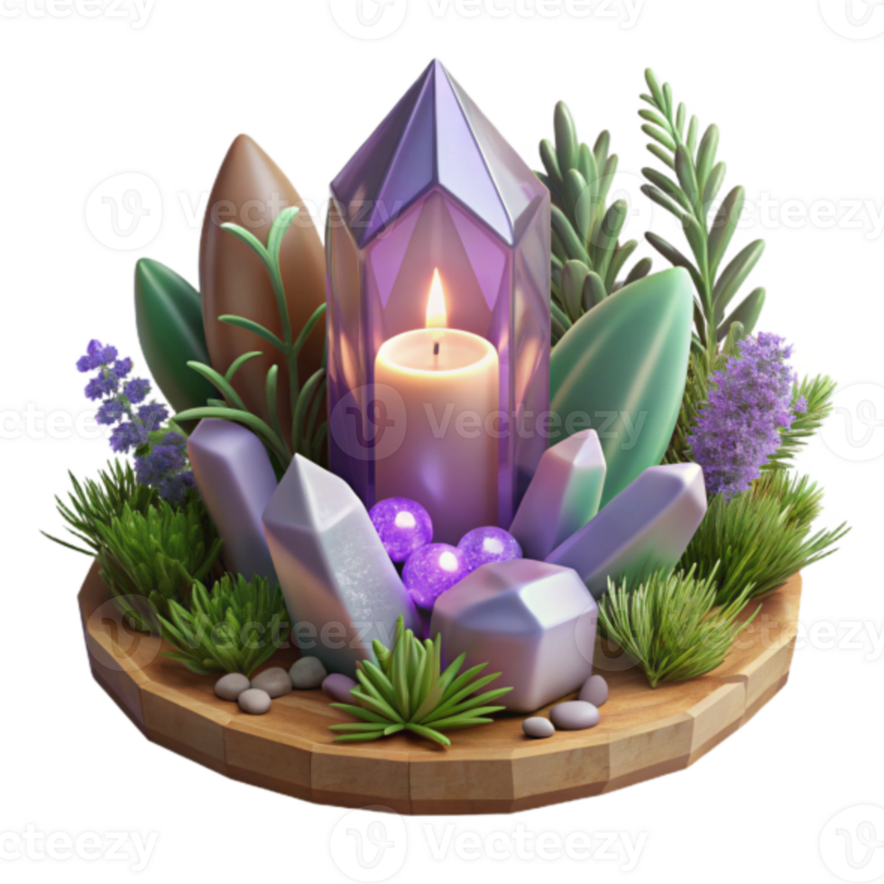 Serene 3D Render of Crystals, Candle, and Succulents png