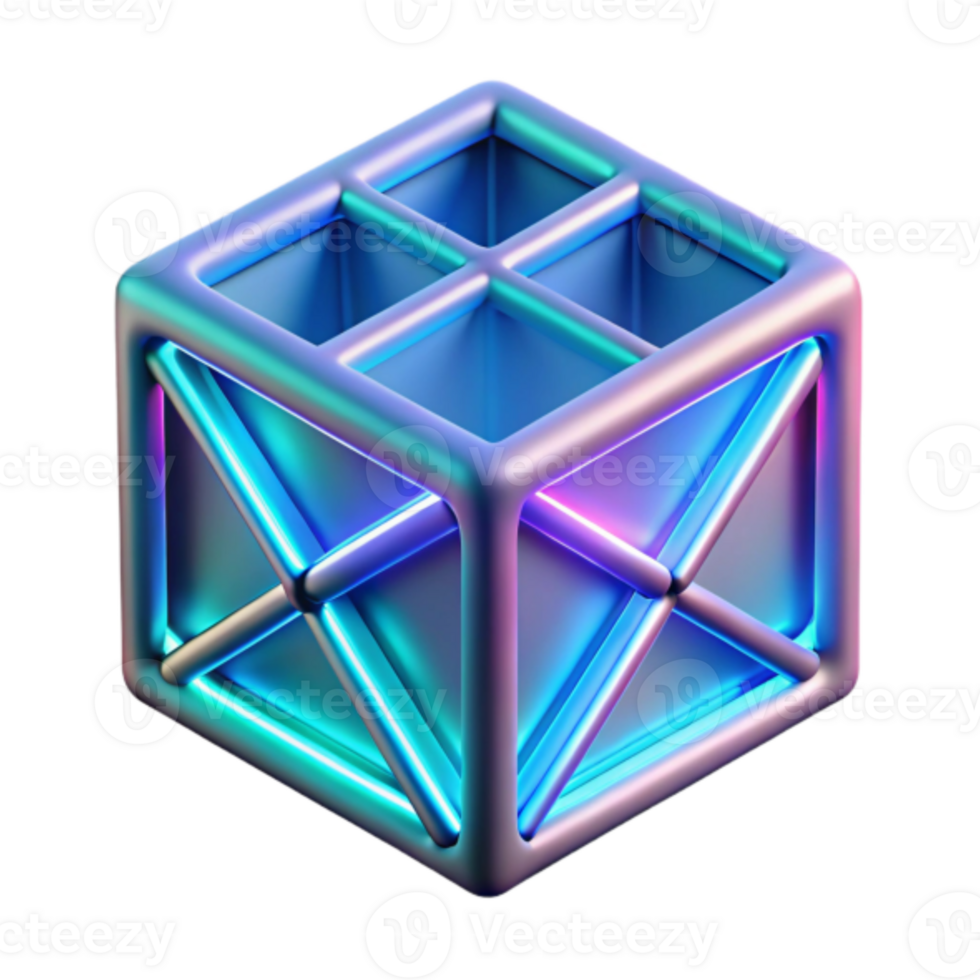 3D Render of a Cubic Structure with Neon Lights, Abstract Geometric Background Image png