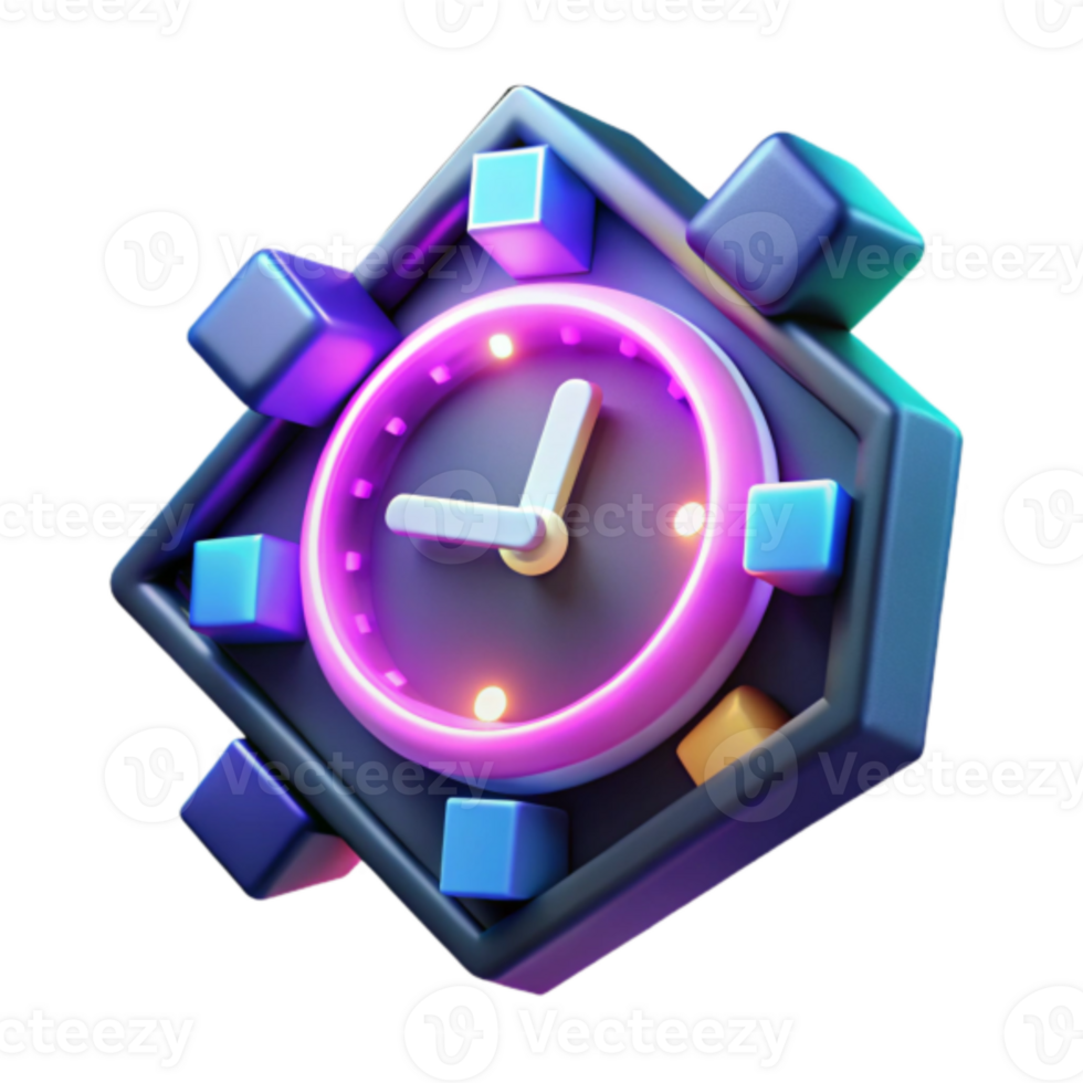 3D Render of a Neon Clock with Geometric Cubes png