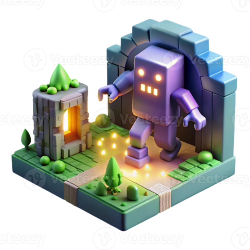 3D Render of a Robot Emerging from an Ancient Stone Archway png