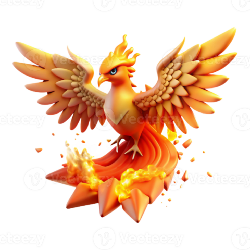 Fiery Phoenix 3D Illustration, Mythical Bird in Flight, Orange and Yellow Feathers, Flaming Tail, Fantasy Creature png