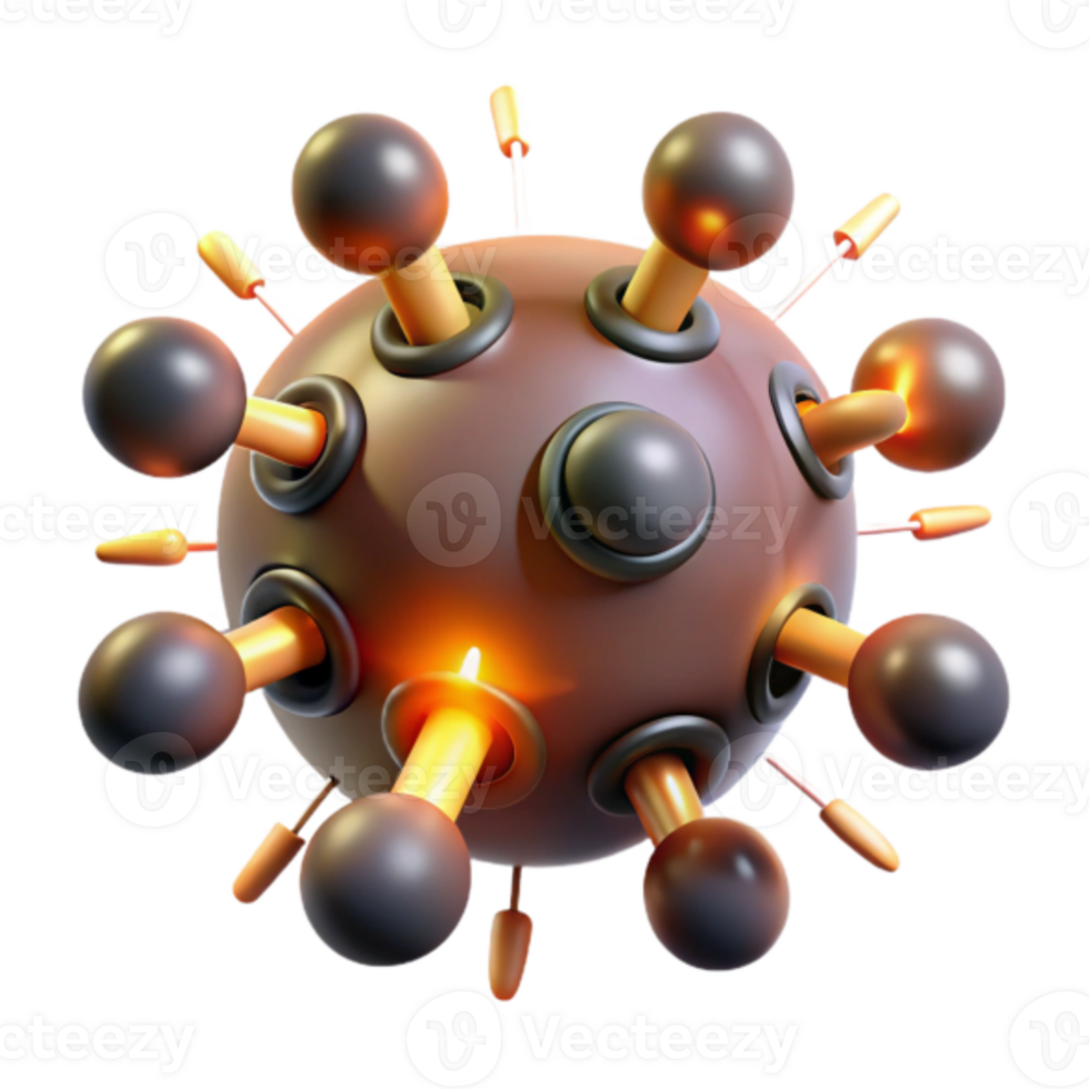 Stylized 3D Render of a Virus Particle with Glowing Spikes png