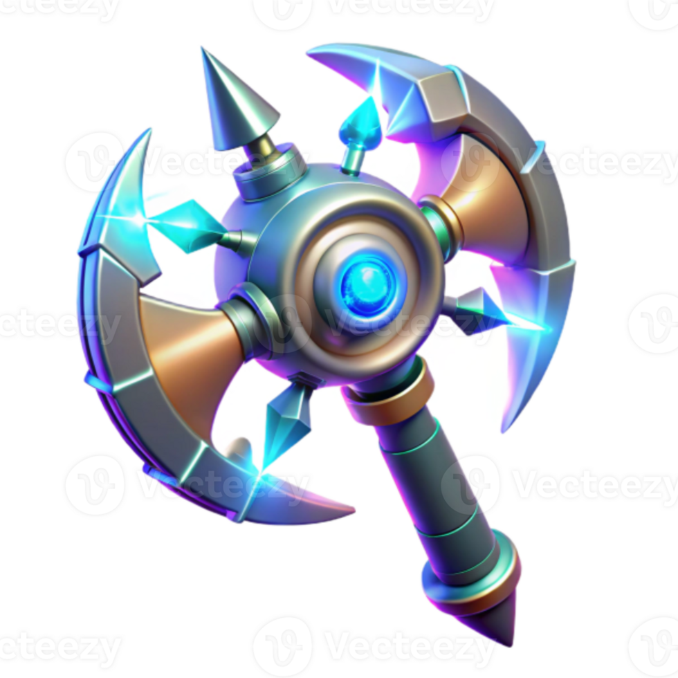 Fantasy 3D Render of a Futuristic Crystal Axe with a Glowing Core png