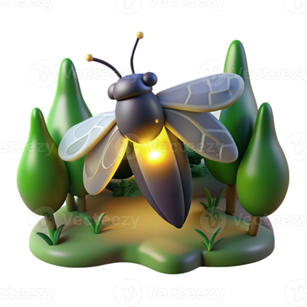 Glowing Firefly 3D Render Illustration in Night Forest png