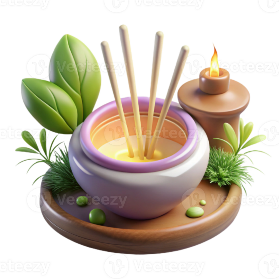 Relaxing Aromatic 3D Render Reed Diffuser, Candle, and Greenery png