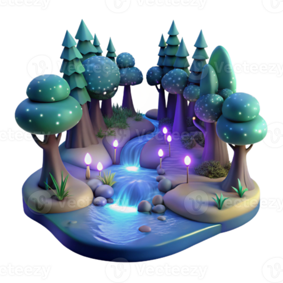Enchanted 3D Forest Stream Illustration Magical Night Scene with Glowing River and Trees png