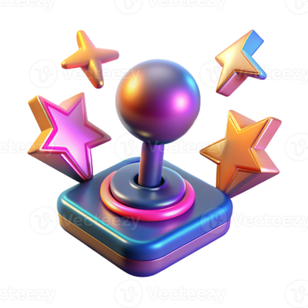 Vibrant 3D Render of Retro Joystick with Neon Stars png