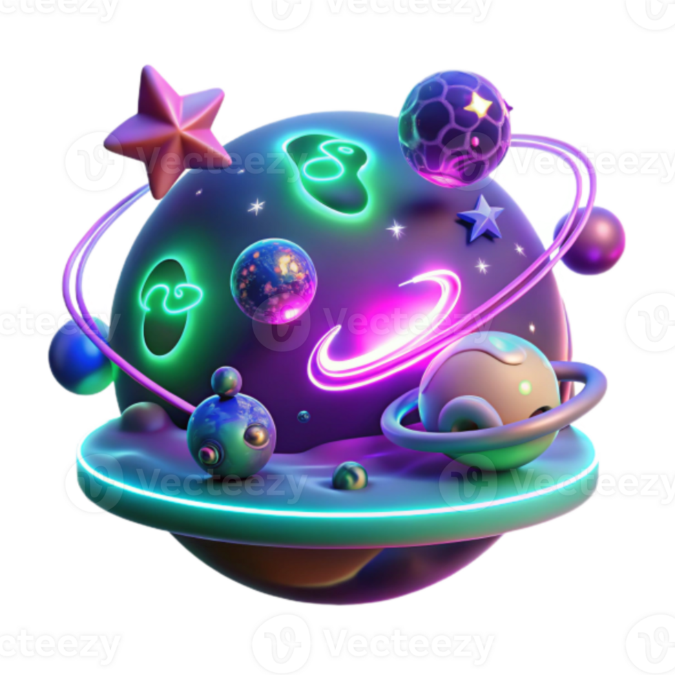 Neon Galaxy 3D Render Vibrant Planets, Stars, and Cosmic Rings png