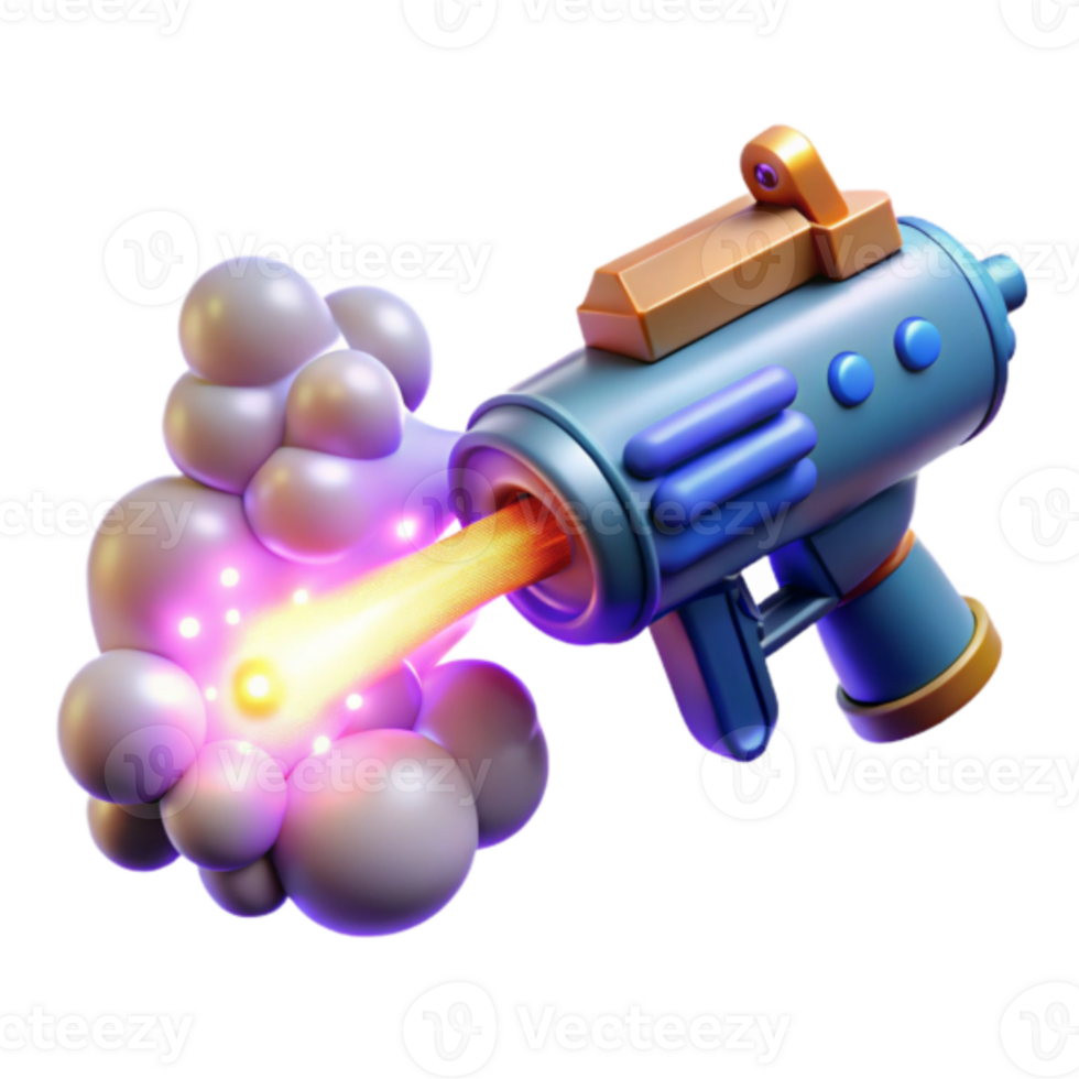 3D Render of Cartoon Ray Gun Firing Purple Energy Blast Illustration png