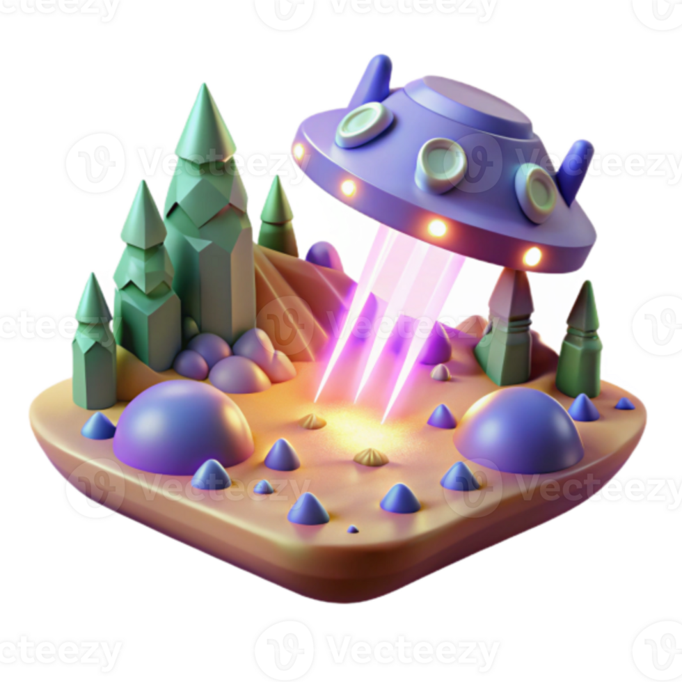 Stylized 3D Render of UFO Landing on a Whimsical Landscape png