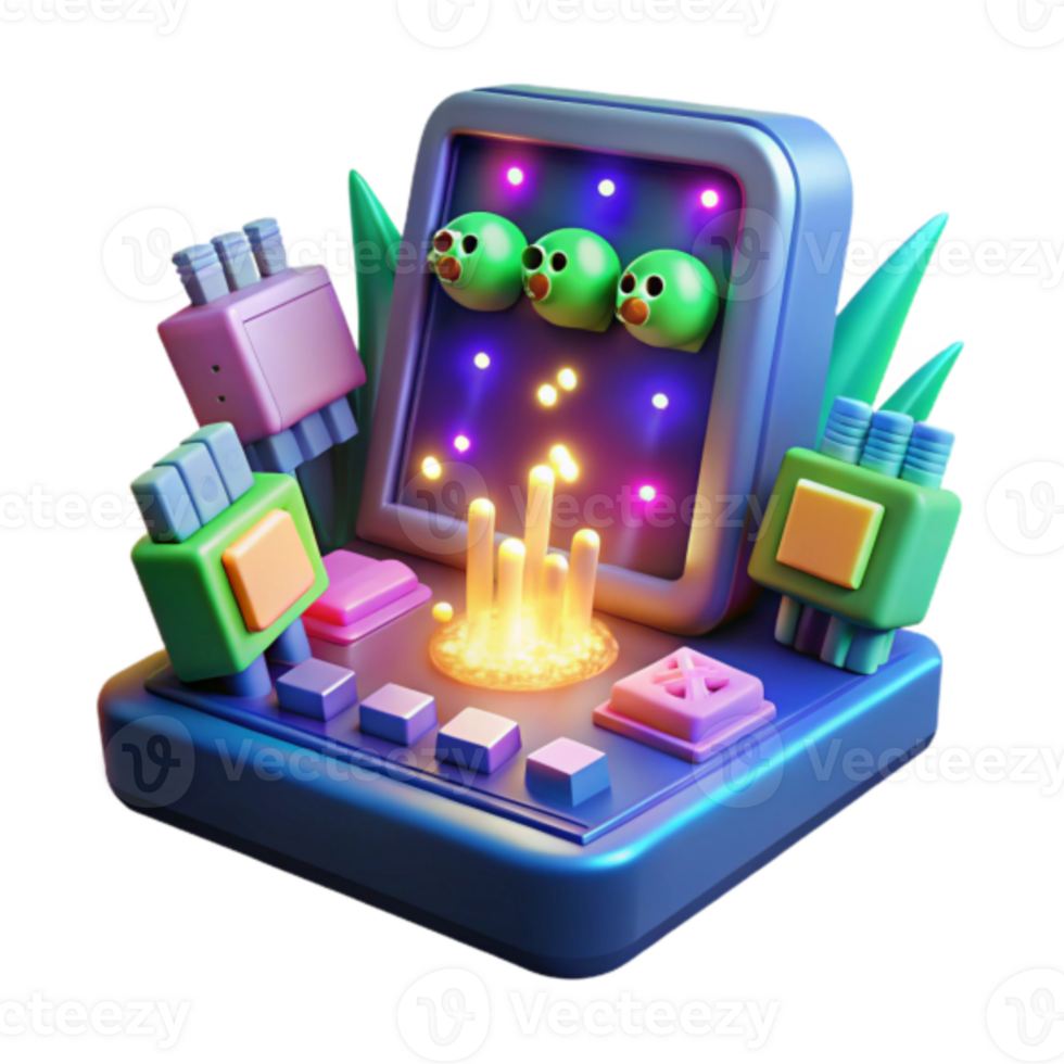 Vibrant 3D Render of a Retro Gaming Console with Cute Characters png