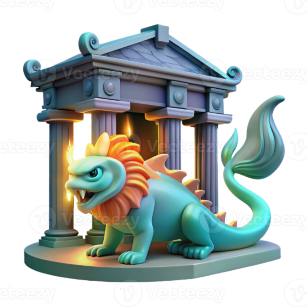Mythical Creature 3D Render Ancient Temple Guardian with Fiery Mane png