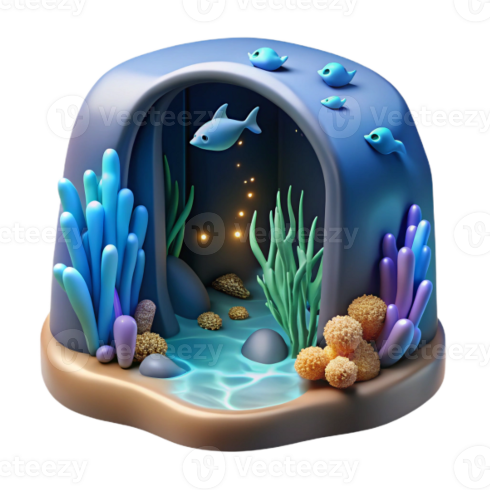 3D Render Underwater Cave Illustration Ocean Fish, Coral Reef, Aquatic Plants, Glow, Sea Life, Undersea World, Marine Ecosystem, Submerged Landscape, Cartoon Style, Fantasy Scene png