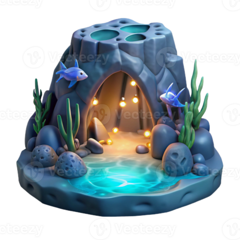 Enchanted Underwater Cave 3D Illustration Luminescent Fish and Coral Reef Scene png