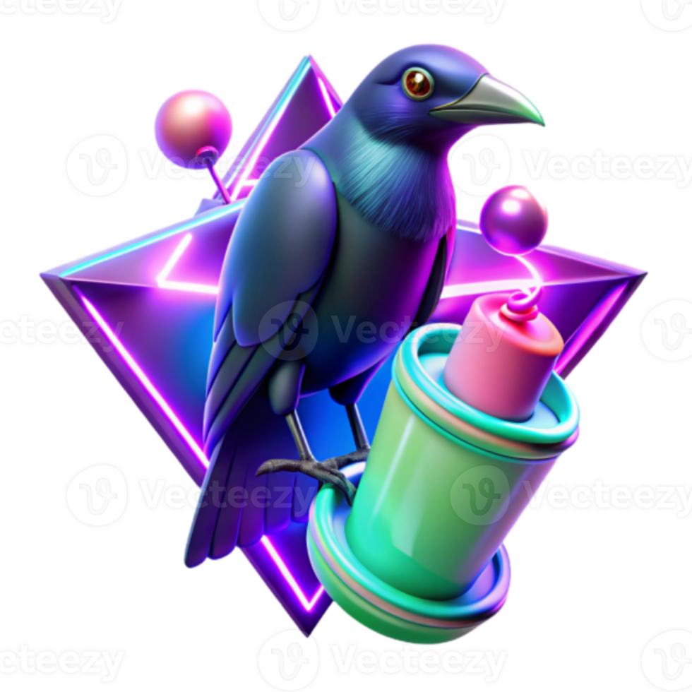 Neon Retro Bird 3D Illustration Cyberpunk Raven with Spray Paint Can png