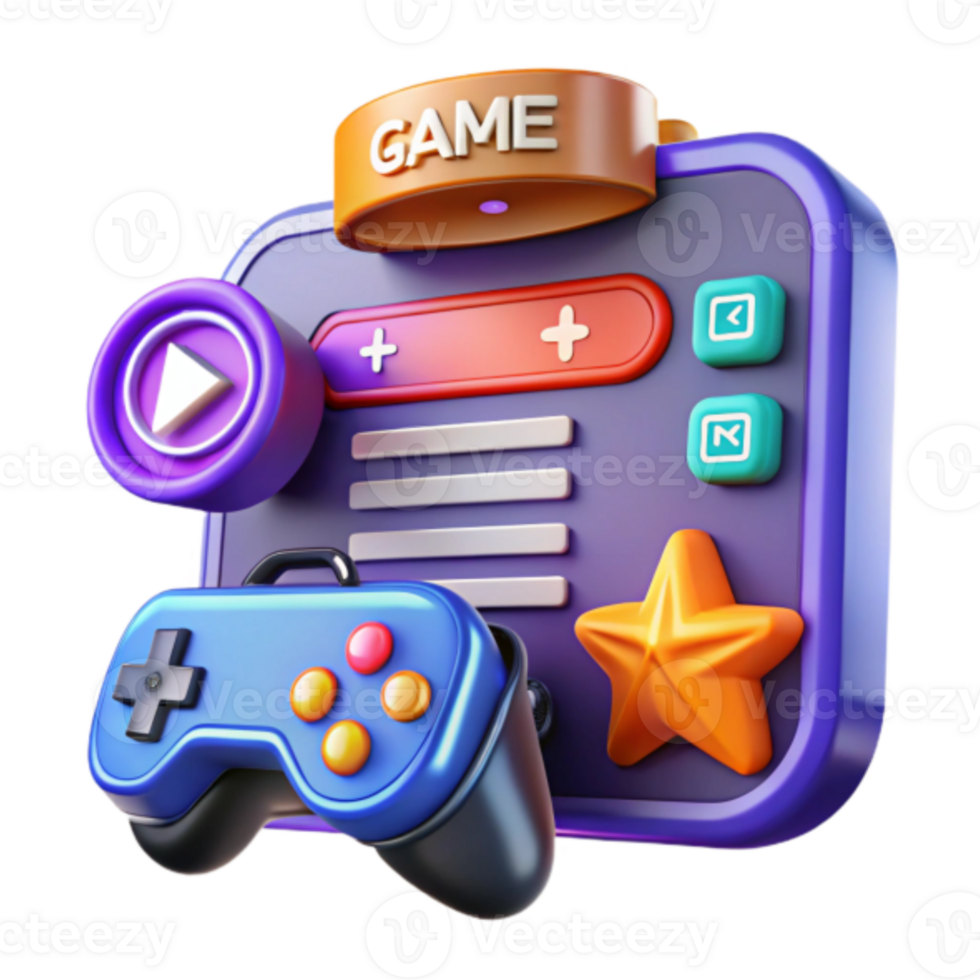 3D Game Interface Illustration Vibrant Gaming App Icon Design with Controller and Star png