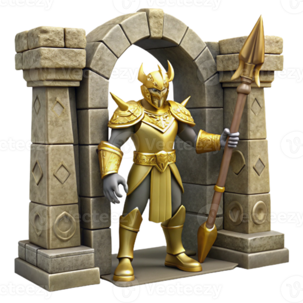 Golden Armored Warrior 3D Render Illustration Fantasy Game Character in Stone Archway png