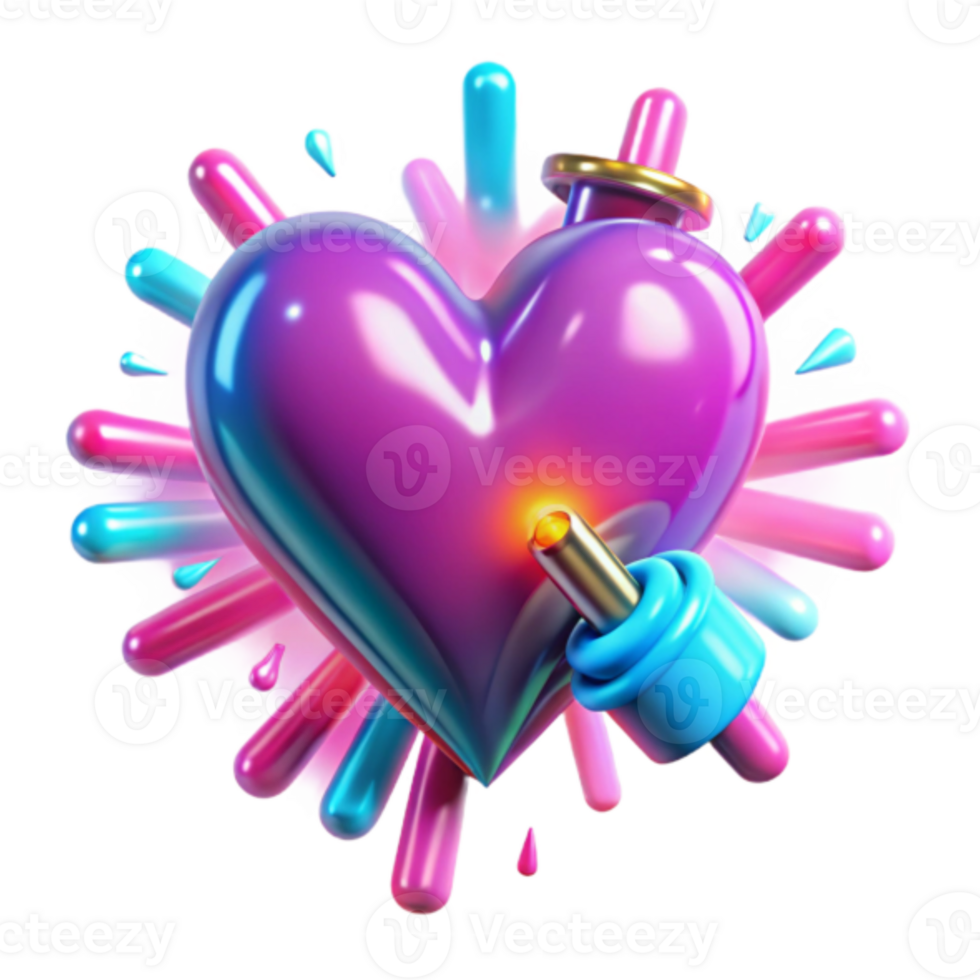 3D Render Shiny Purple Heart with Colorful Splashes Abstract Background Image png