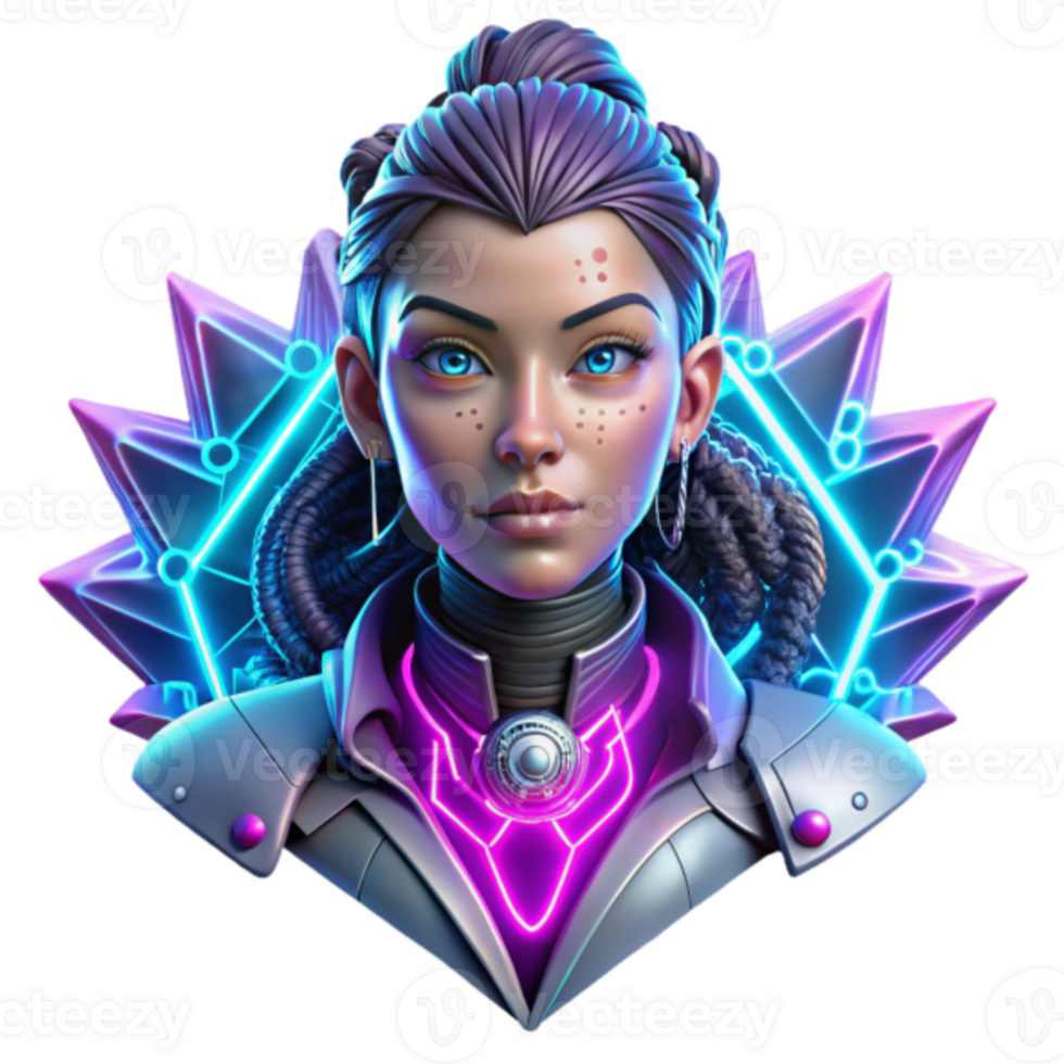 Futuristic Woman 3D Render, Cyberpunk Style Digital Art, Neon Lights, Abstract Background, Sci-Fi Portrait Illustration png
