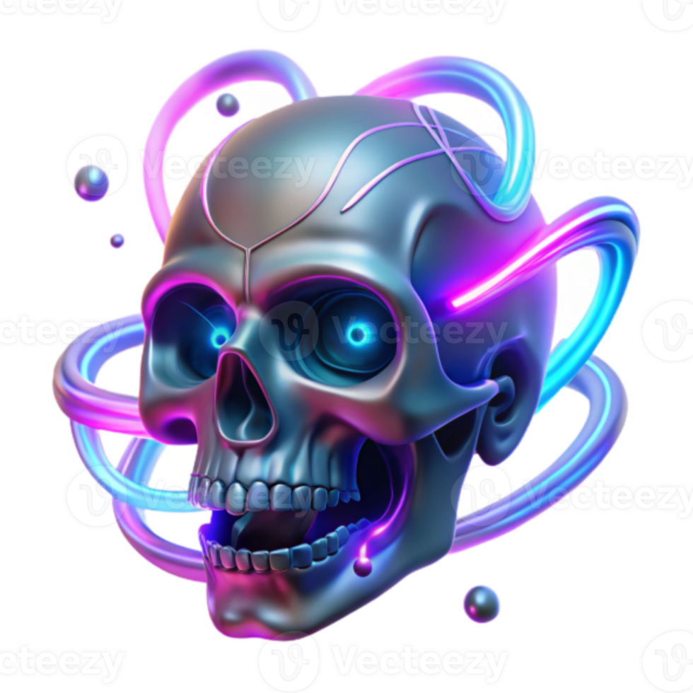 Neon Skull 3D Render Glowing Metallic Skull with Abstract Light Trails png