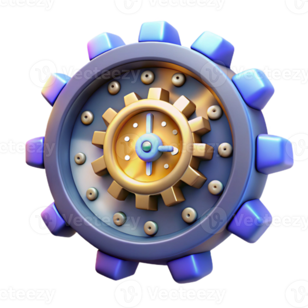 3D Render of a Gear Clock Illustration Time Mechanism, Cogwheel, Abstract Machine, Purple and Gold, Technology Design png
