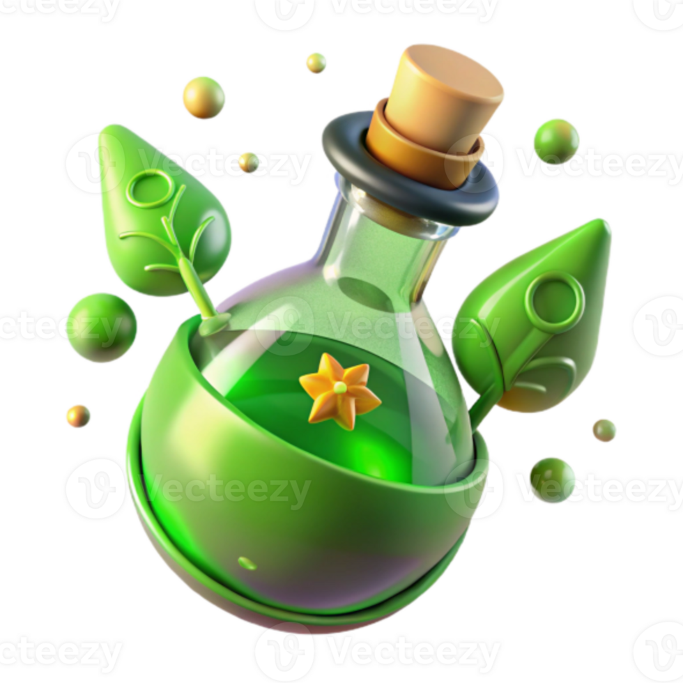 3D Render Green Potion Bottle with Leaves and Flower Illustration png