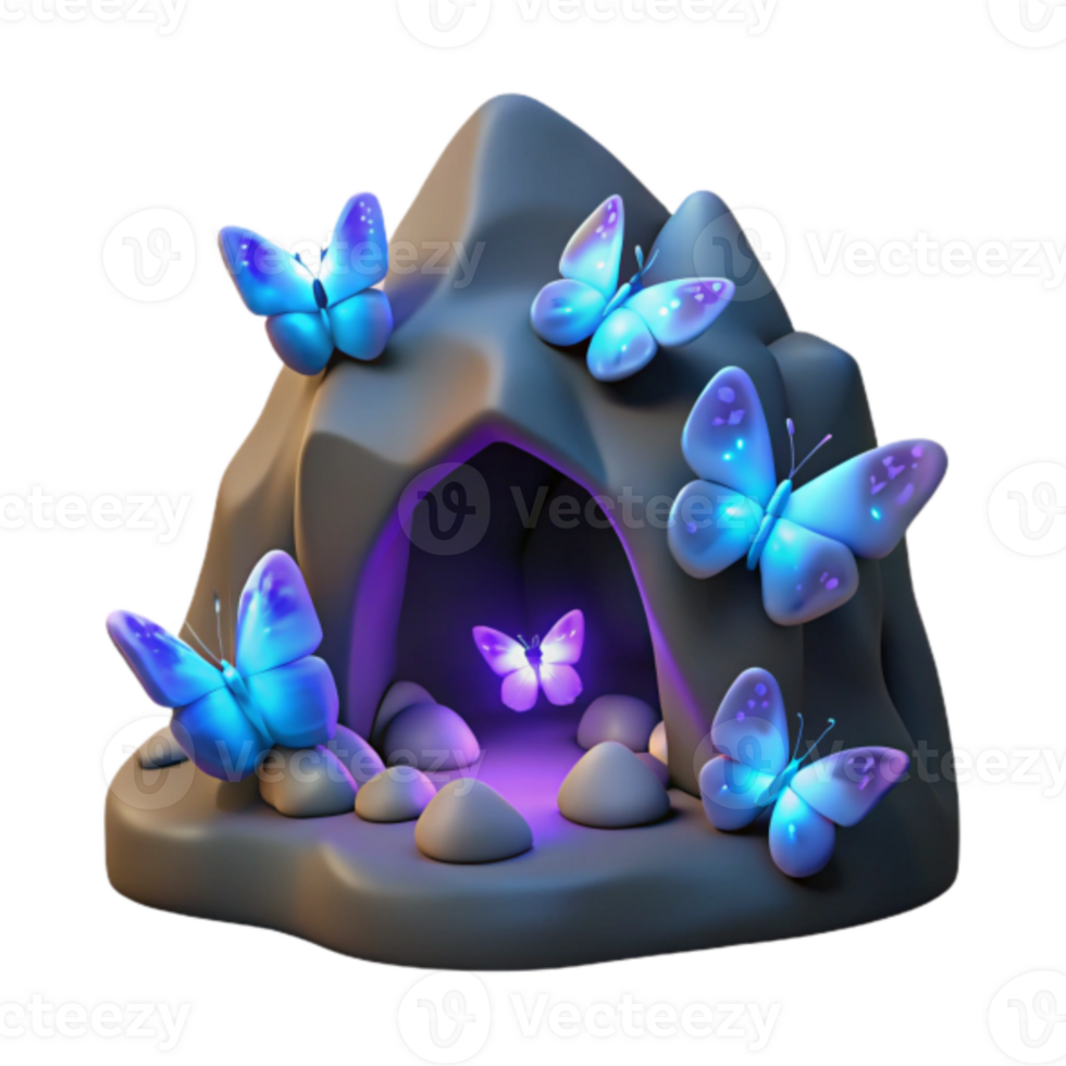 Enchanted Cave 3D Illustration Glowing Butterflies and Mystical Rocks png