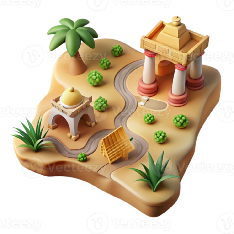 3D Render Desert Oasis Illustration Palm Trees, Ancient Architecture, Winding Path, Lush Greenery png