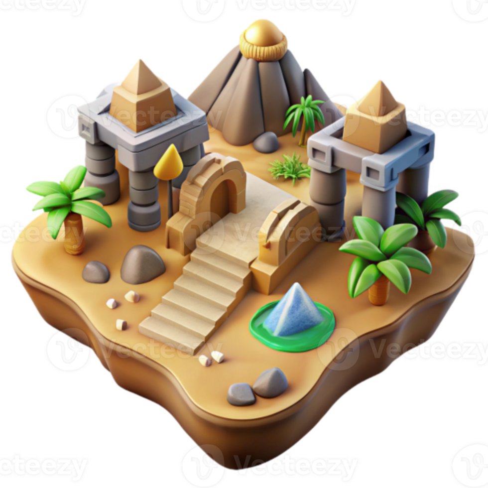 3D Render Isometric Desert Oasis Illustration Ancient Pyramids, Temples, Palm Trees, and Oasis png
