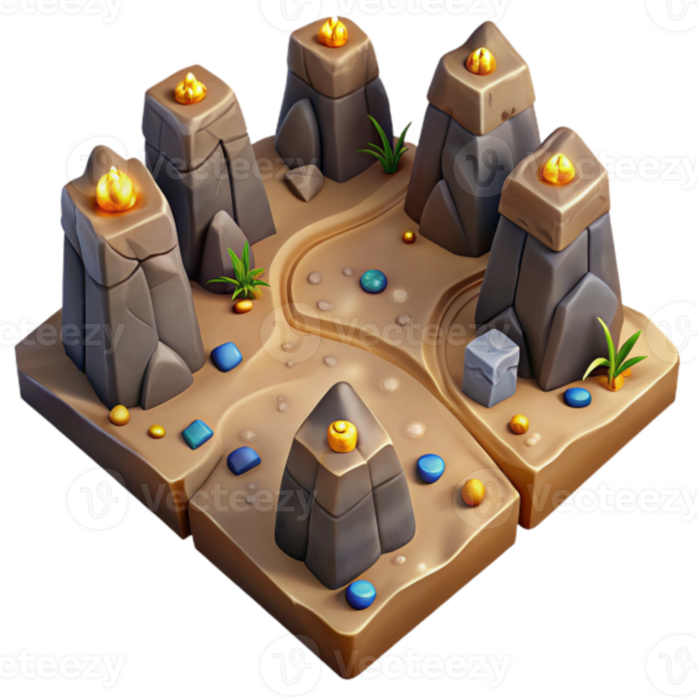 3D Isometric Game Asset Desert Rock Formation with Gems and Gold png