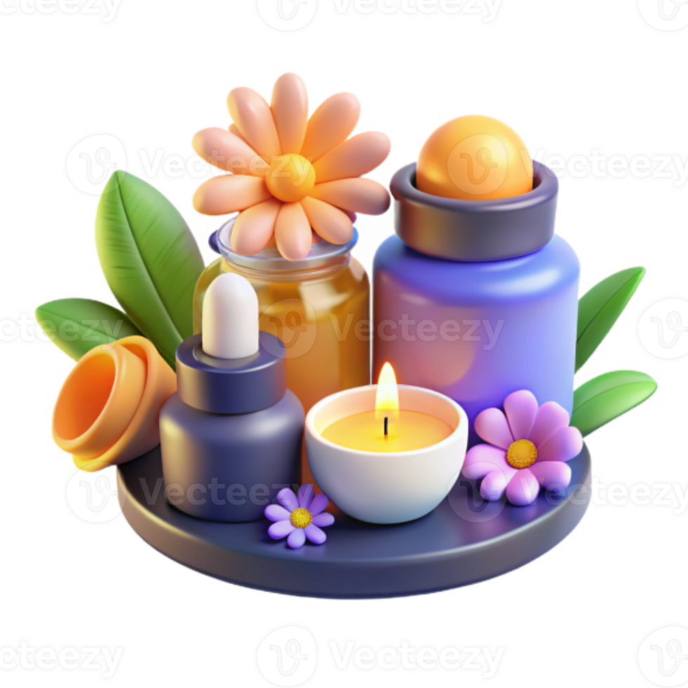 3D Illustration Spa Products Aromatic Candle Flowers Wellness png