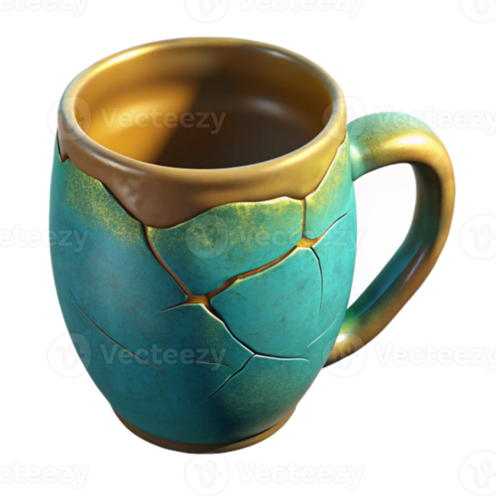 3D Render Cracked Mug Turquoise and Gold Ceramic Drinkware Illustration png