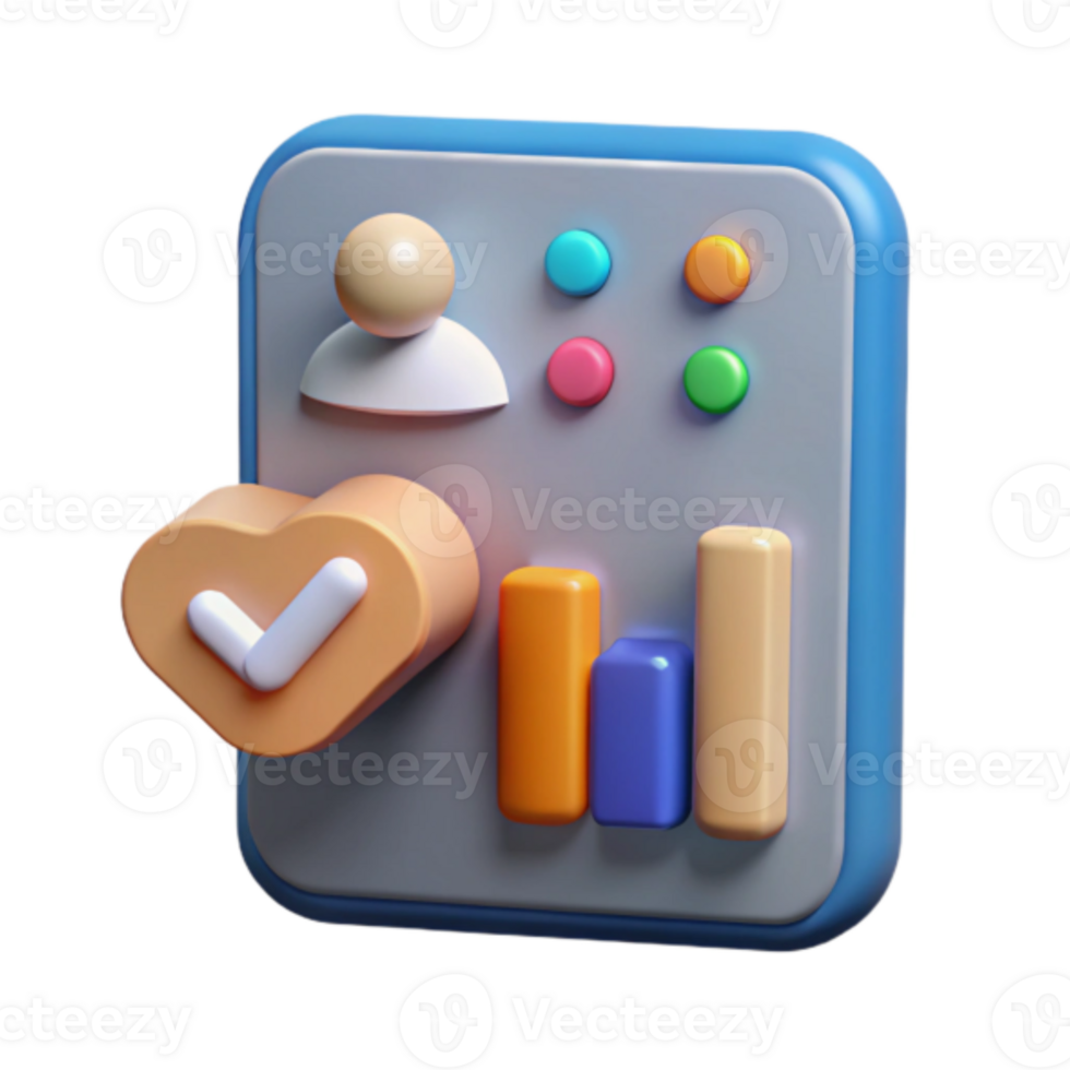 3D Render of User Interface Dashboard with Heart Checkmark and Charts App Icon Design png