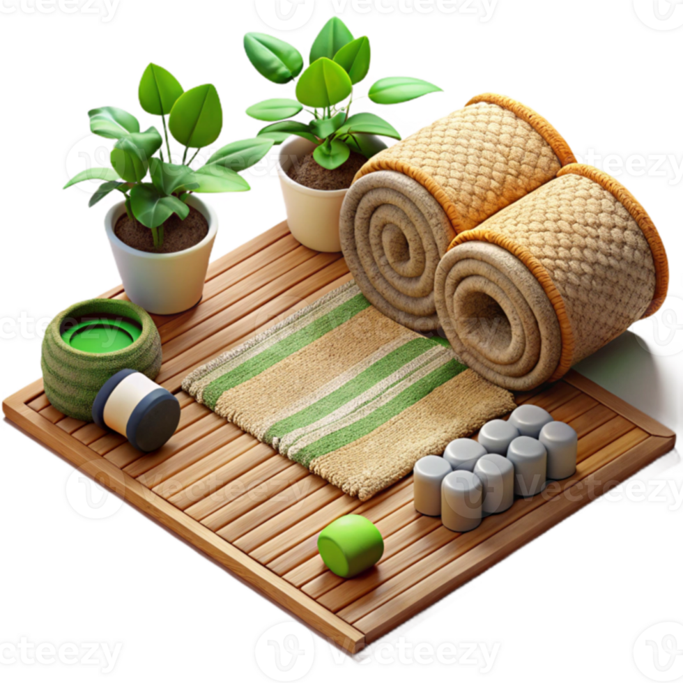 Serene Spa Day 3D Illustration Bamboo Mat, Rolled Towels, Potted Plants, and Stones png