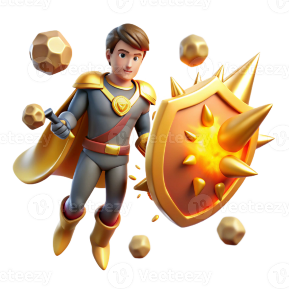 3D Illustration Brave Young Superhero with Golden Shield and Hammer png