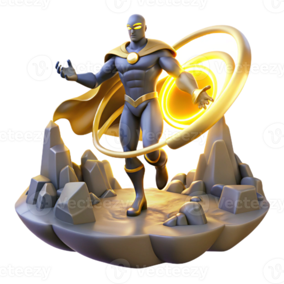 3D Render Superhero Illustration Dynamic Pose Gold Cape Energy Power png
