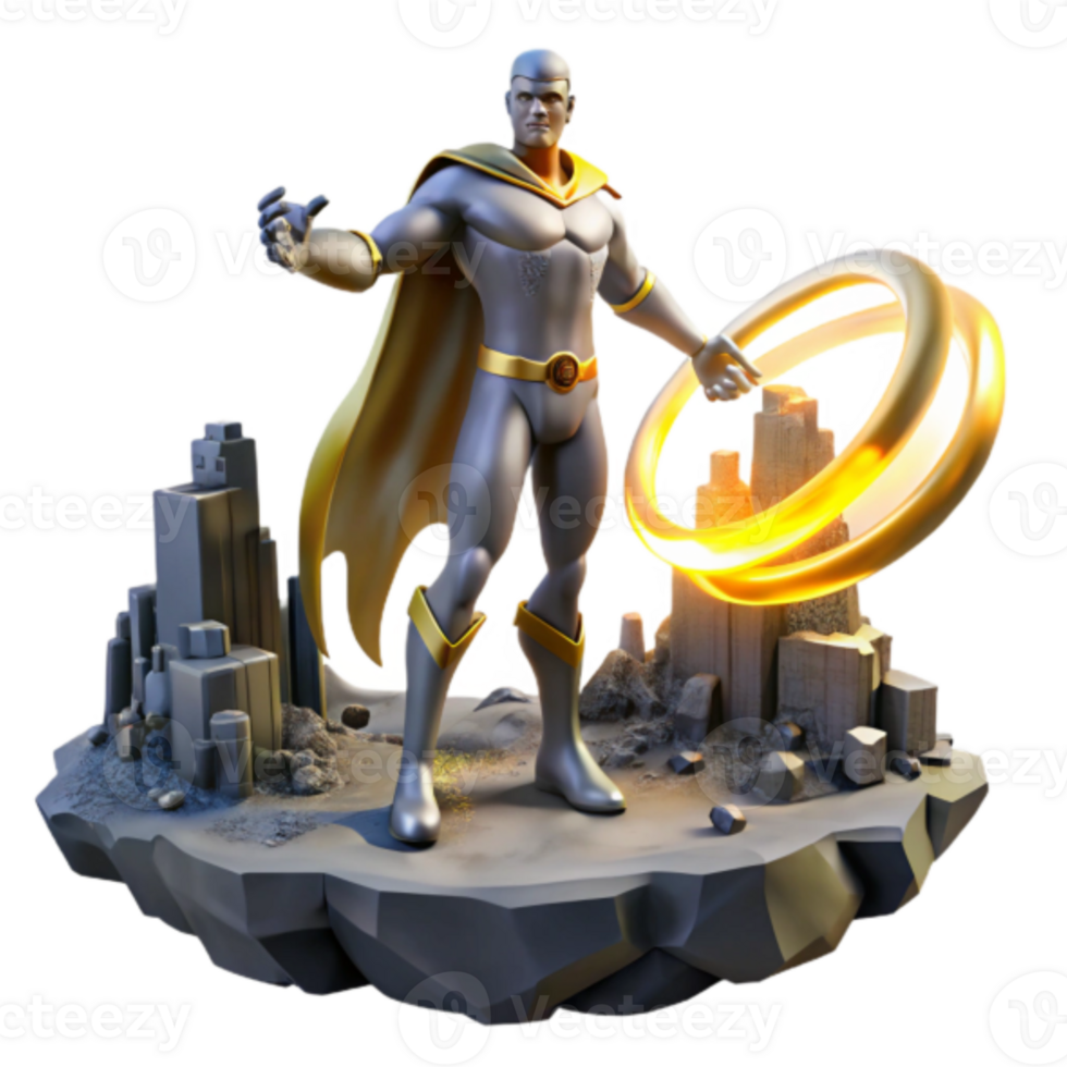Stylized 3D Render Superhero Figure on a Cityscape Base png