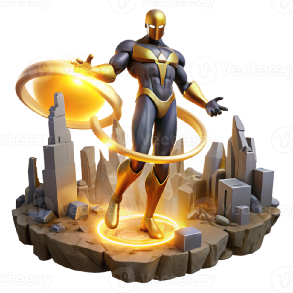 3D Illustration Superhero Golden Power Cityscape Background png