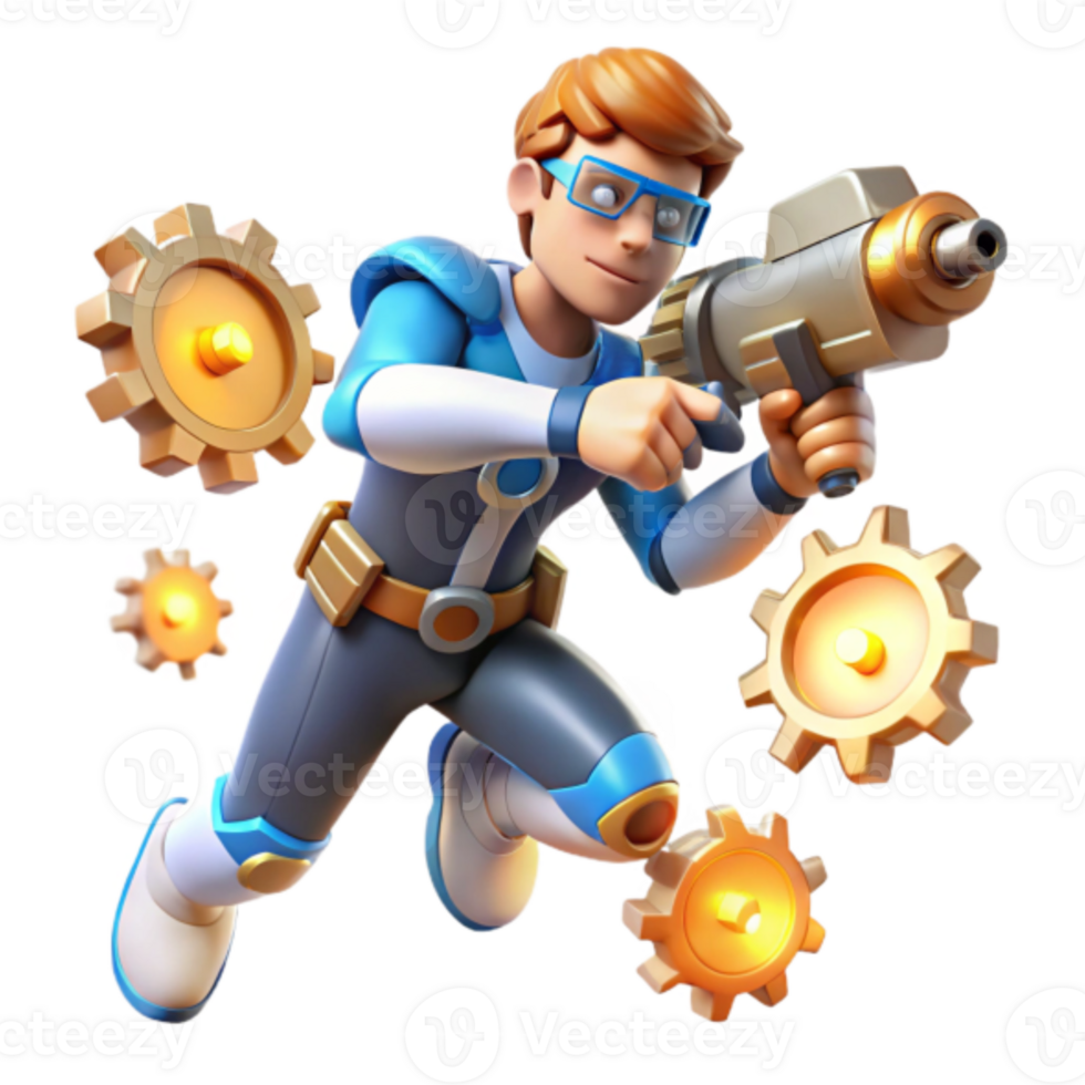 3D Illustration Futuristic Boy Hero Running with Gear Weapon png